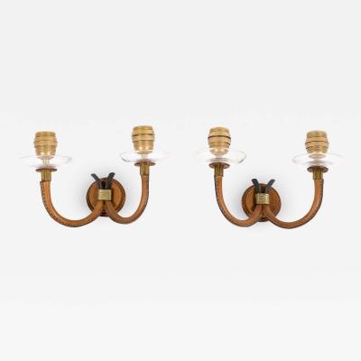 Jacques Adnet 1950s Stitched Leather Sconces by Jacques Adnet