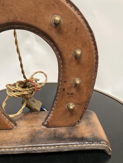 Jacques Adnet 1950s Stitched Leather Shoe horse lamp by Jacques Adnet