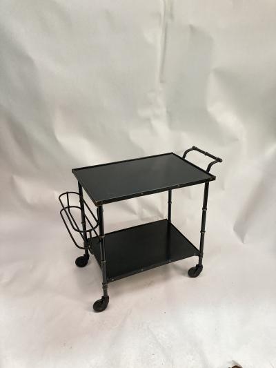 Jacques Adnet 1950s Stitched Leather and metal bar cart by Jacques Adnet