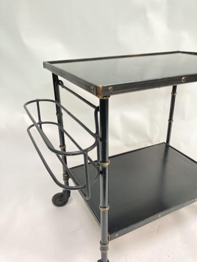 Jacques Adnet 1950s Stitched Leather and metal bar cart by Jacques Adnet