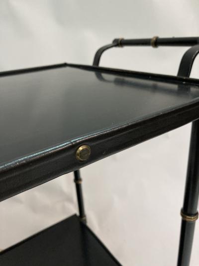 Jacques Adnet 1950s Stitched Leather and metal bar cart by Jacques Adnet