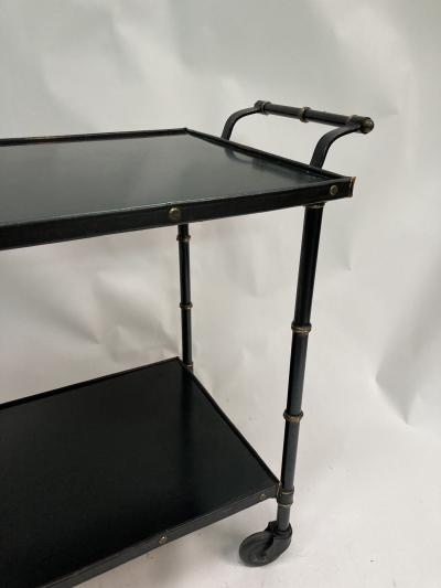 Jacques Adnet 1950s Stitched Leather and metal bar cart by Jacques Adnet