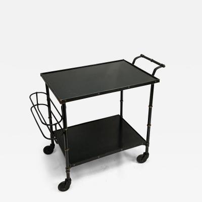 Jacques Adnet 1950s Stitched Leather and metal bar cart by Jacques Adnet