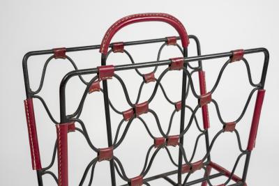 Jacques Adnet 1950s Stitched Leather magazine rack by Jacques Adnet
