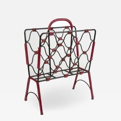 Jacques Adnet 1950s Stitched Leather magazine rack by Jacques Adnet