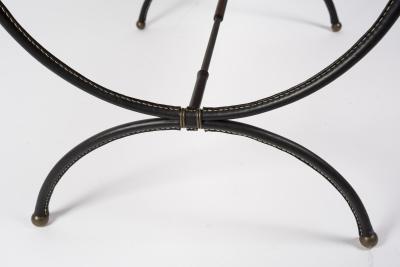 Jacques Adnet 1950s Stitched leather Cocktail table with red opaline top by Jacques Adnet