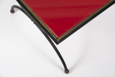 Jacques Adnet 1950s Stitched leather Cocktail table with red opaline top by Jacques Adnet