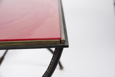 Jacques Adnet 1950s Stitched leather Cocktail table with red opaline top by Jacques Adnet