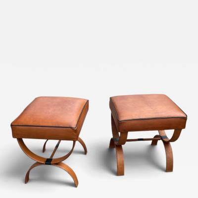 Jacques Adnet 1950s Stitched leather Ottomans by Jacques Adnet
