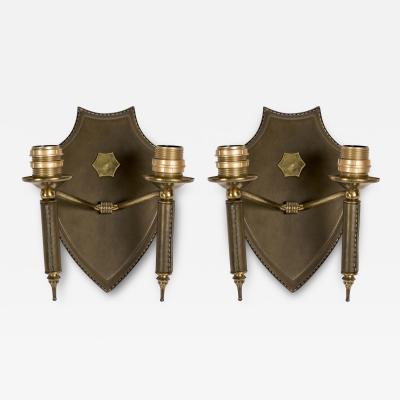 Jacques Adnet 1950s Stitched leather Sconces by Jacques Adnet