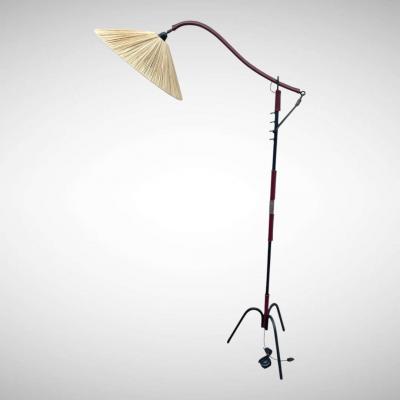 Jacques Adnet 1950s Stitched leather adjustable floor lamp by Jacques Adnet
