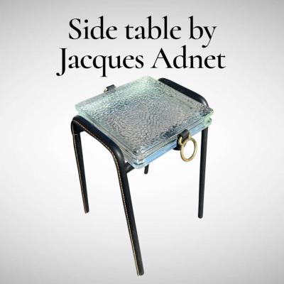 Jacques Adnet 1950s Stitched leather and Saint Gobain glass side table by Jacques Adnet