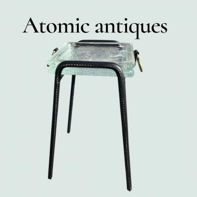 Jacques Adnet 1950s Stitched leather and Saint Gobain glass side table by Jacques Adnet