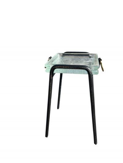 Jacques Adnet 1950s Stitched leather and Saint Gobain glass side table by Jacques Adnet