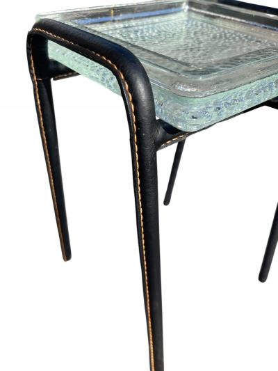 Jacques Adnet 1950s Stitched leather and Saint Gobain glass side table by Jacques Adnet