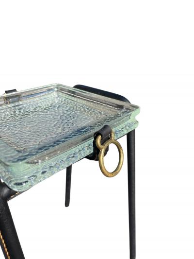 Jacques Adnet 1950s Stitched leather and Saint Gobain glass side table by Jacques Adnet