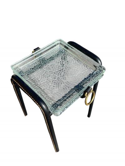 Jacques Adnet 1950s Stitched leather and Saint Gobain glass side table by Jacques Adnet
