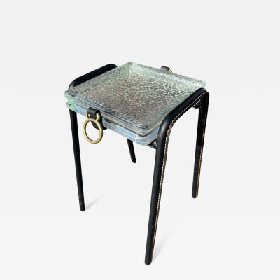 Jacques Adnet 1950s Stitched leather and Saint Gobain glass side table by Jacques Adnet