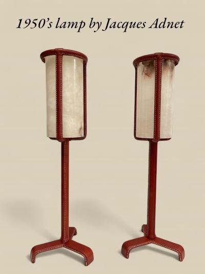 Jacques Adnet 1950s Stitched leather and albaster lamps by Jacques Adnet