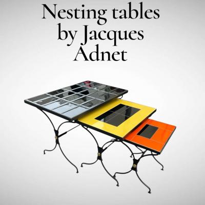 Jacques Adnet 1950s Stitched leather and ceramic nesting table by Jacques Adnet