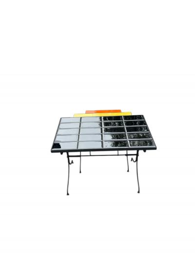 Jacques Adnet 1950s Stitched leather and ceramic nesting table by Jacques Adnet