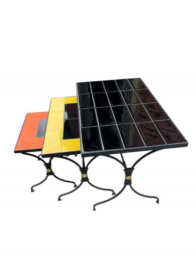 Jacques Adnet 1950s Stitched leather and ceramic nesting table by Jacques Adnet
