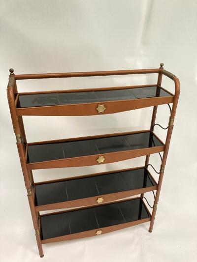 Jacques Adnet 1950s Stitched leather and ceramic shelve by Jacques Adnet