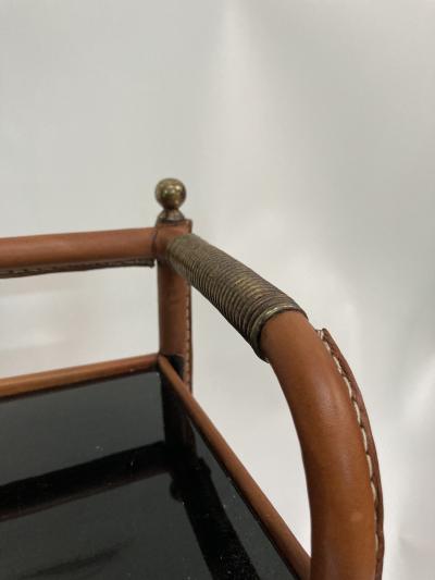 Jacques Adnet 1950s Stitched leather and ceramic shelve by Jacques Adnet