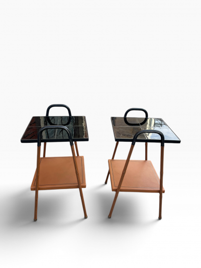 Jacques Adnet 1950s Stitched leather and ceramic side tables by Jacques ADNET