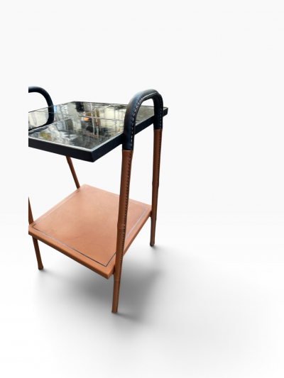Jacques Adnet 1950s Stitched leather and ceramic side tables by Jacques ADNET