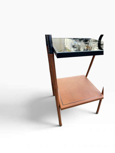 Jacques Adnet 1950s Stitched leather and ceramic side tables by Jacques ADNET
