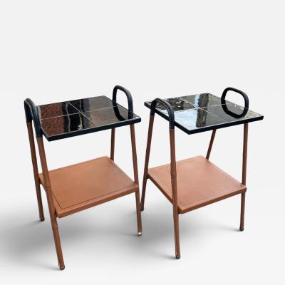 Jacques Adnet 1950s Stitched leather and ceramic side tables by Jacques ADNET