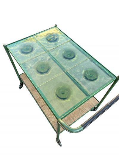 Jacques Adnet 1950s Stitched leather and glass bar cart by Jacques Adnet