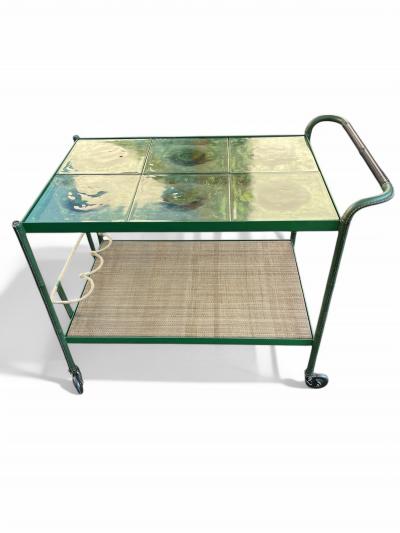 Jacques Adnet 1950s Stitched leather and glass bar cart by Jacques Adnet