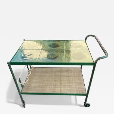 Jacques Adnet 1950s Stitched leather and glass bar cart by Jacques Adnet