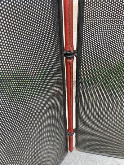 Jacques Adnet 1950s Stitched leather and m tal fire screen by Jacques Adnet
