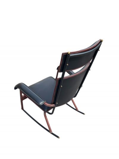 Jacques Adnet 1950s Stitched leather and m tal rocking chair by Jacques Adnet