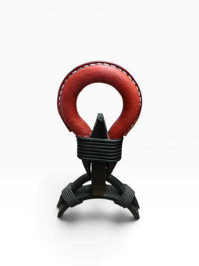 Jacques Adnet 1950s Stitched leather and metal andirons by Jacques ADNET
