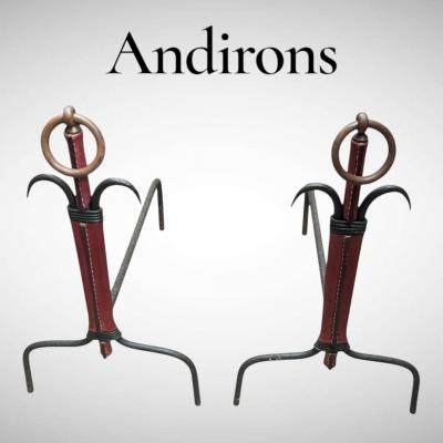 Jacques Adnet 1950s Stitched leather and metal andirons by Jacques ADNET