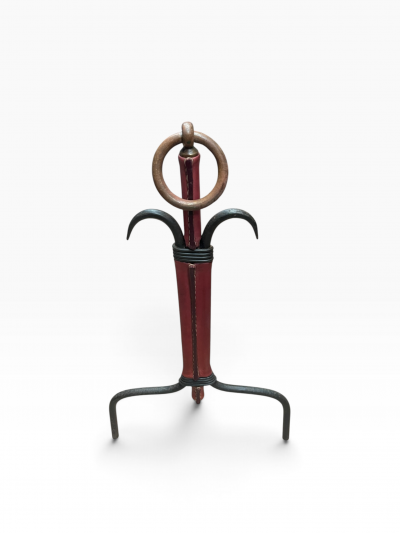 Jacques Adnet 1950s Stitched leather and metal andirons by Jacques ADNET