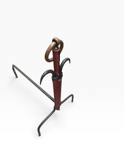 Jacques Adnet 1950s Stitched leather and metal andirons by Jacques ADNET