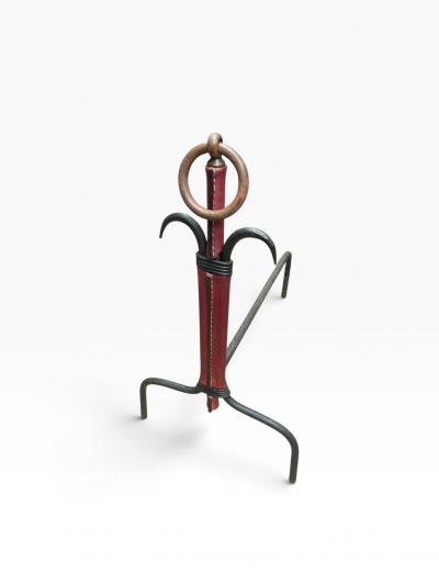 Jacques Adnet 1950s Stitched leather and metal andirons by Jacques ADNET