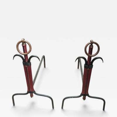 Jacques Adnet 1950s Stitched leather and metal andirons by Jacques ADNET