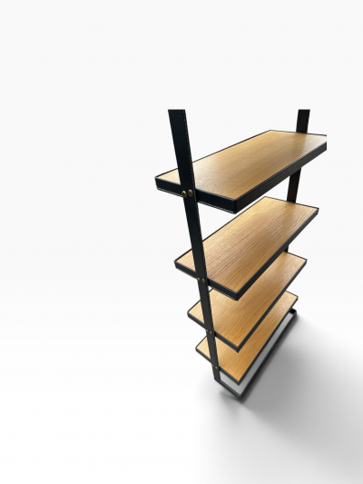Jacques Adnet 1950s Stitched leather and oak bookcasse by Jacques ADNET