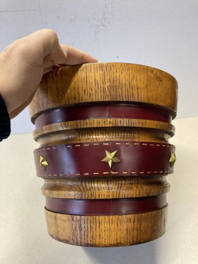 Jacques Adnet 1950s Stitched leather and oak paper bin by Jacques Adnet