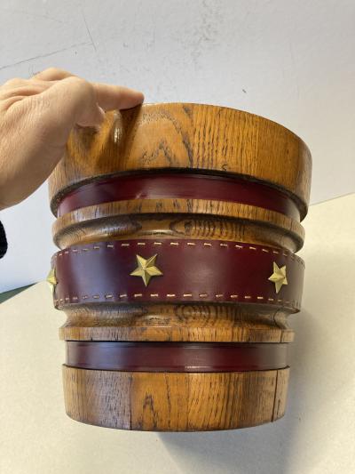 Jacques Adnet 1950s Stitched leather and oak paper bin by Jacques Adnet