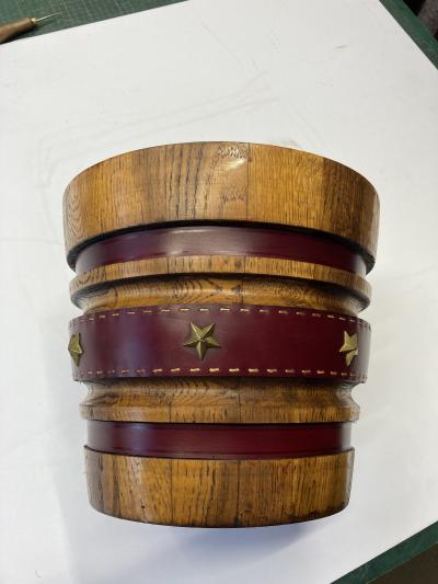 Jacques Adnet 1950s Stitched leather and oak paper bin by Jacques Adnet