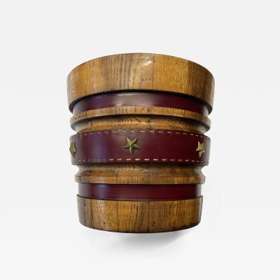 Jacques Adnet 1950s Stitched leather and oak paper bin by Jacques Adnet