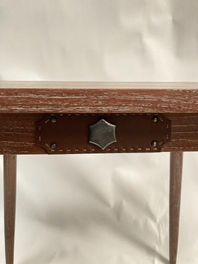 Jacques Adnet 1950s Stitched leather and oak table by Jacques Adnet