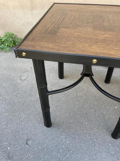 Jacques Adnet 1950s Stitched leather and oak table by Jacques Adnet